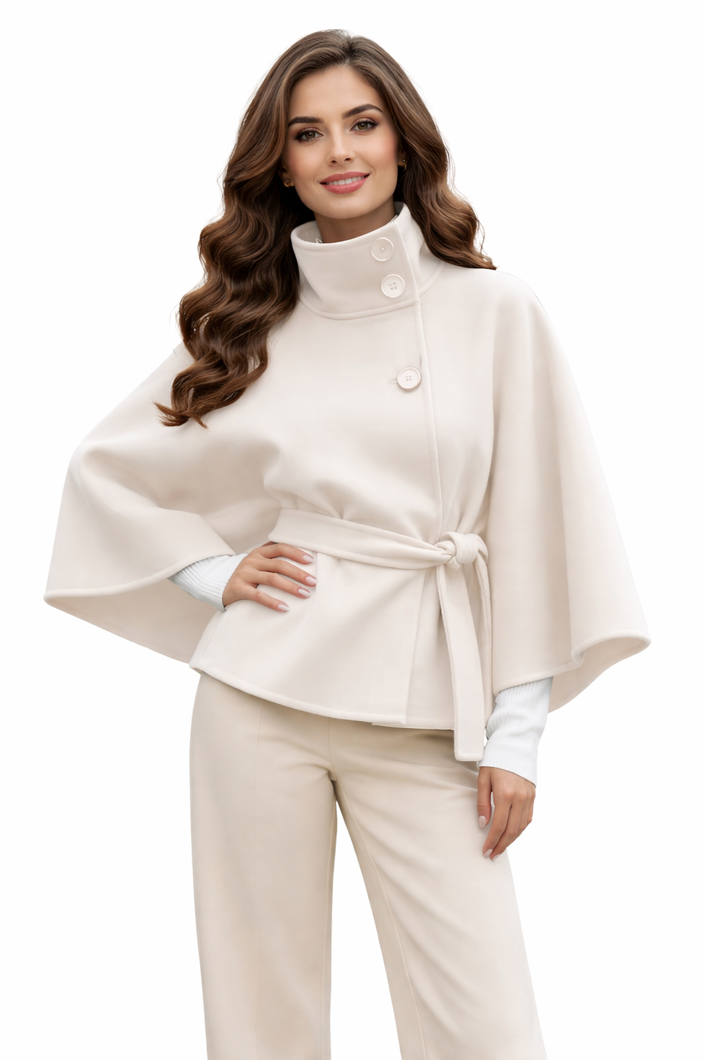 Capa Elegante Beige con Cuello Alto y Cinturón – Estilo Sofisticado y Atemporal