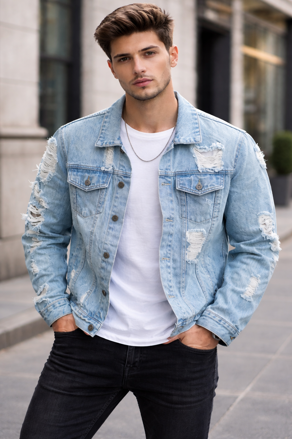 Chaqueta Denim Sky Vintage con Efecto Desgastado Premium