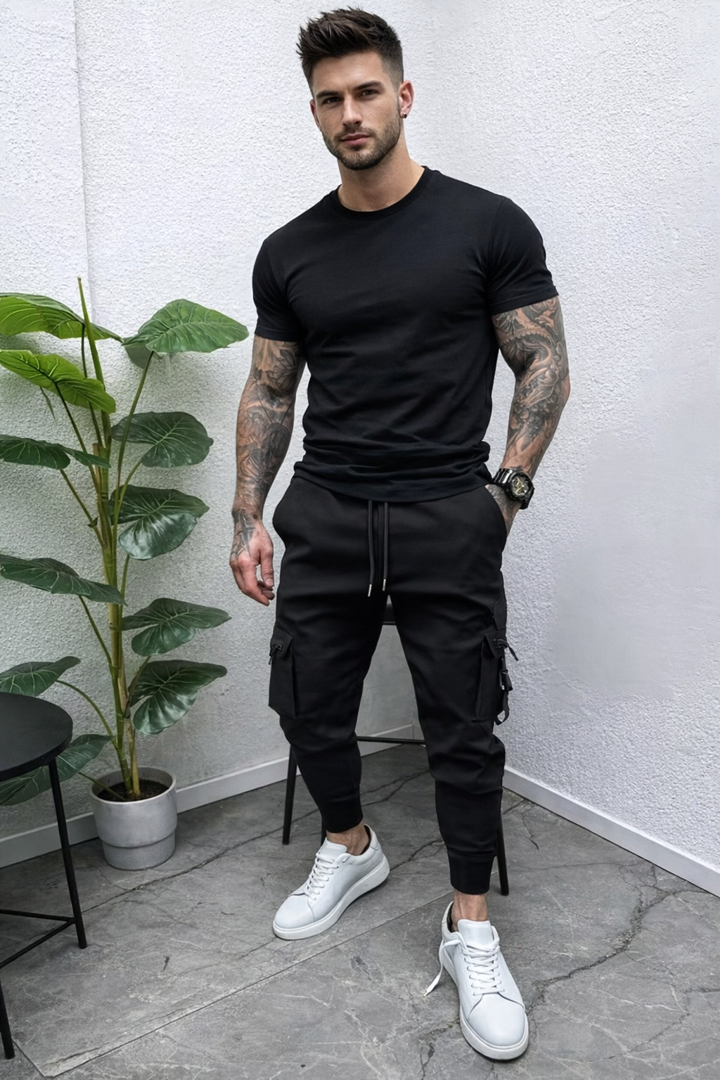 Pantalón Cargo Jogger Negro Slim Fit con Bolsillos Laterales – Estilo Urbano Premium