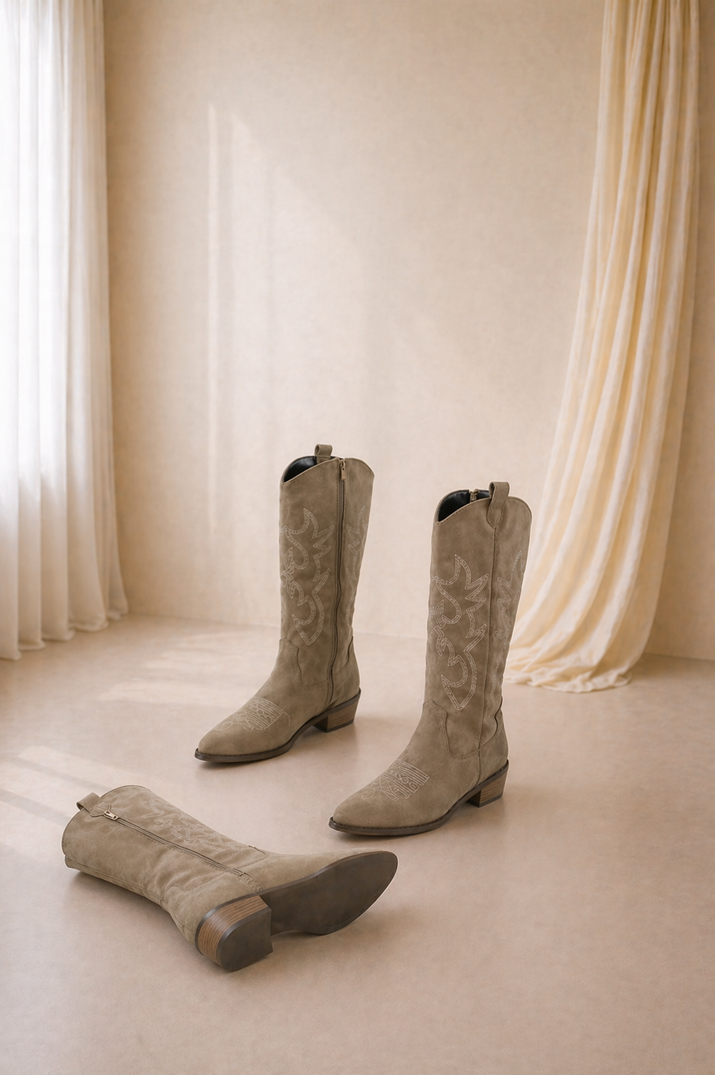 Botas Vaqueras de Gamuza Color Camel para Mujer – Estilo Western con Bordado y Tacón Cómodo