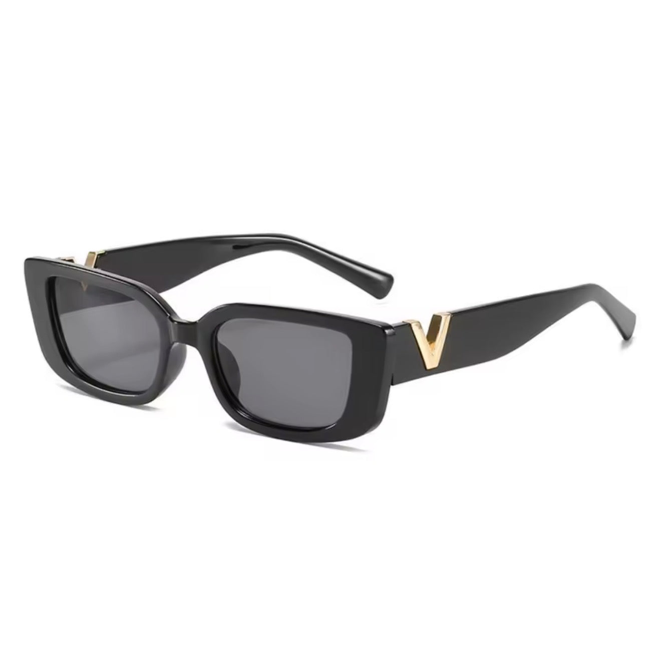 Gafas de Sol Rectangulares Negras con Detalle Dorado – Estilo Elegante y Moderno
