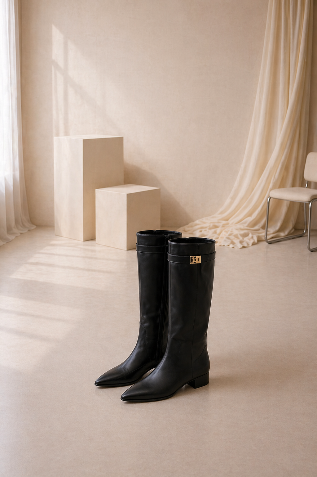 Botas Altas de Cuero Negro con Detalle Dorado Elegante