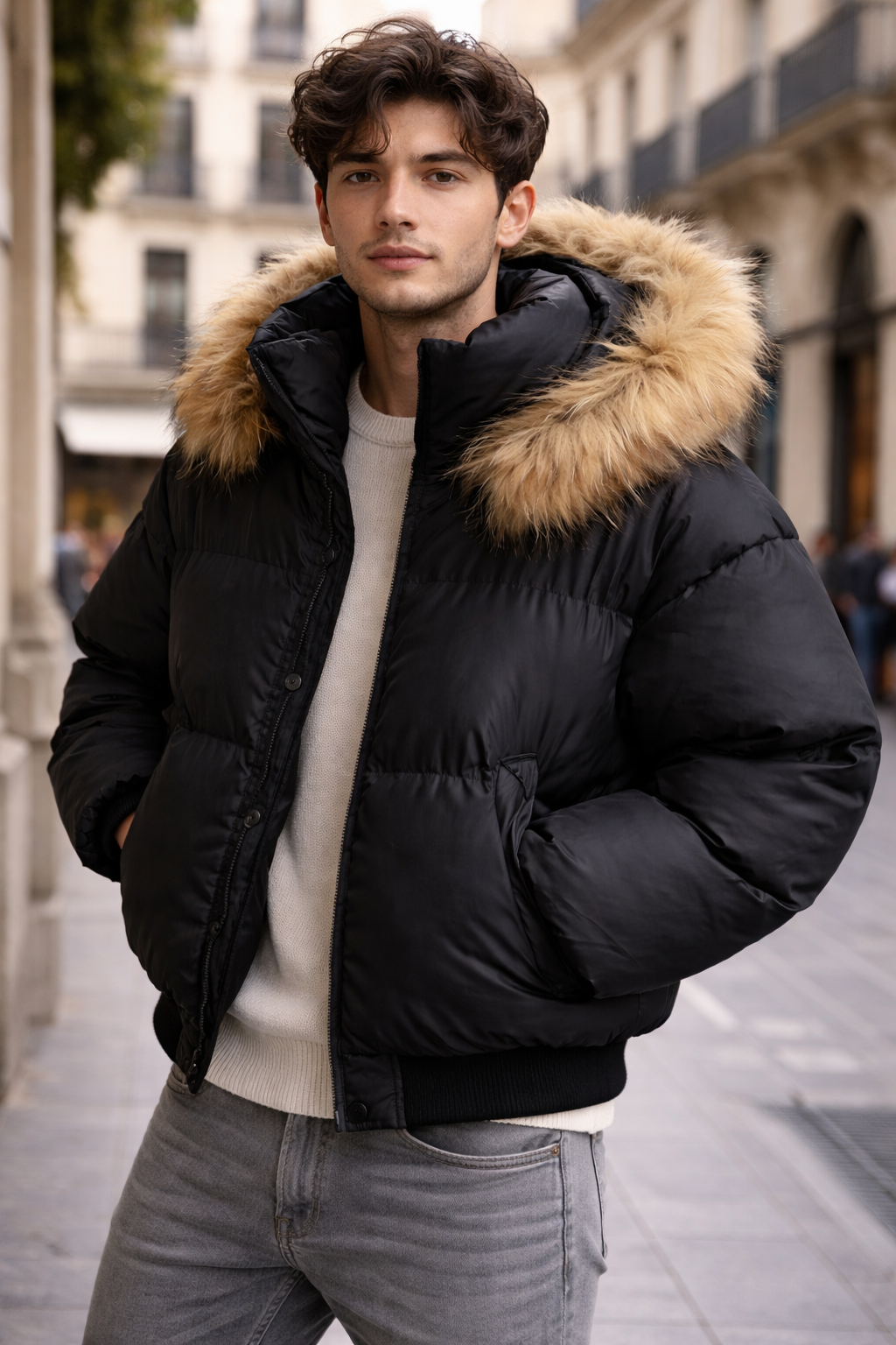 Chaqueta acolchada premium negra con capucha de pelo