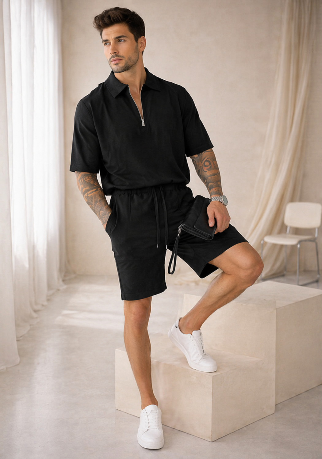 Conjunto Casual Premium con Polo Half-Zip y Shorts
