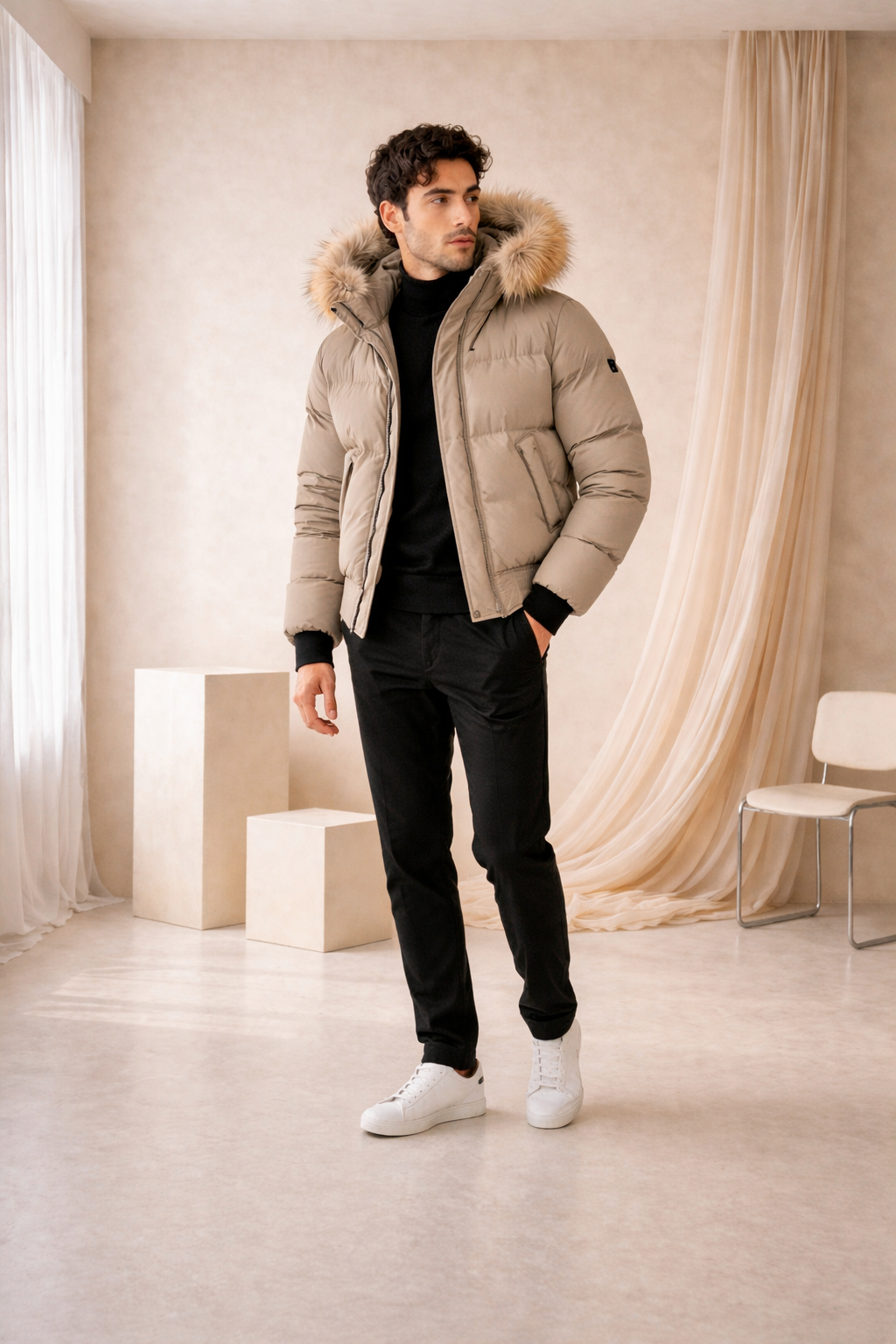 Chaqueta acolchada premium negra con capucha de pelo