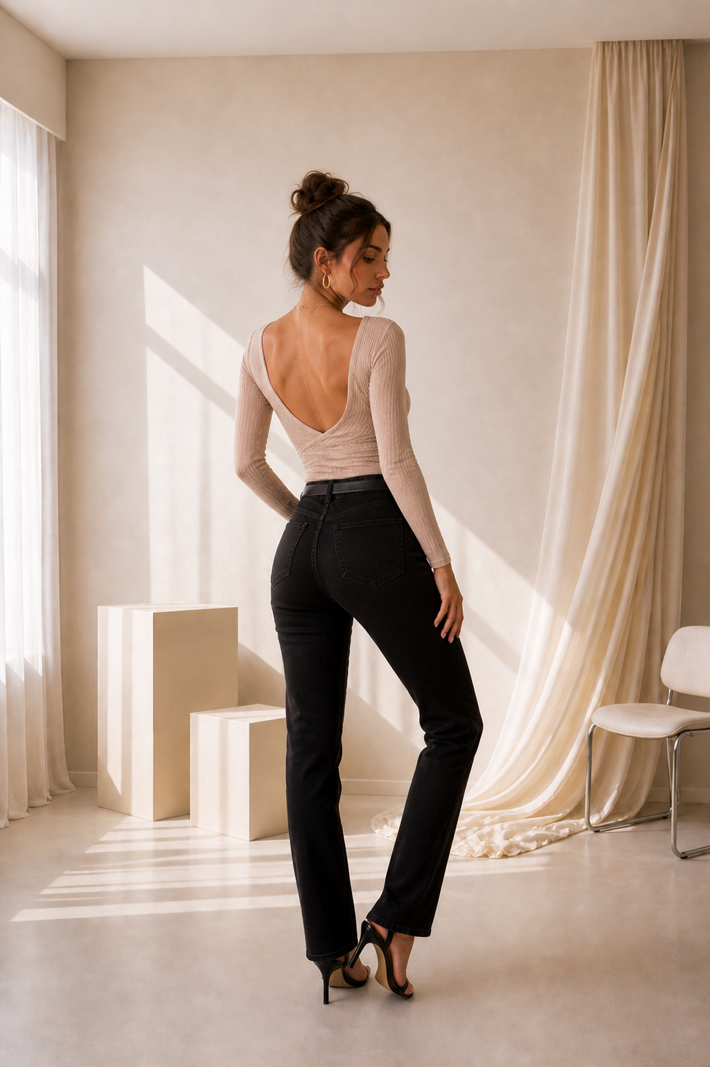 Blusa Mujer Ajustada Canalé Escote Cruzado en V Manga Larga Elegante