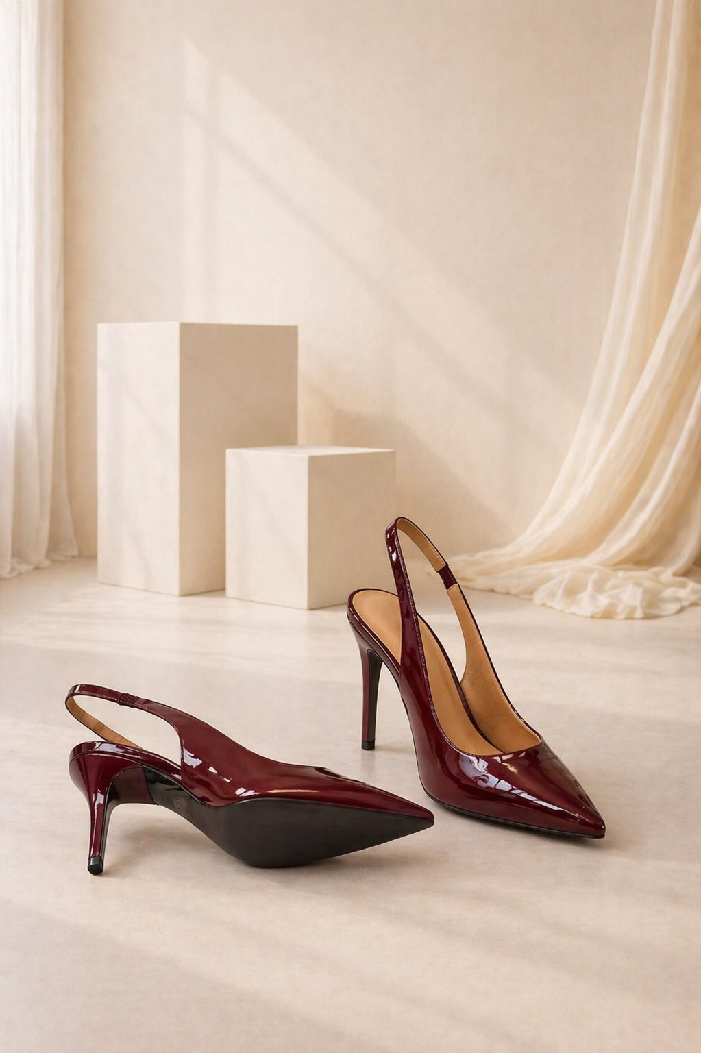 Zapatos de Tacón Elegantes Tipo Slingback en Charol Color Vino – Estilo Sofisticado y Femenino