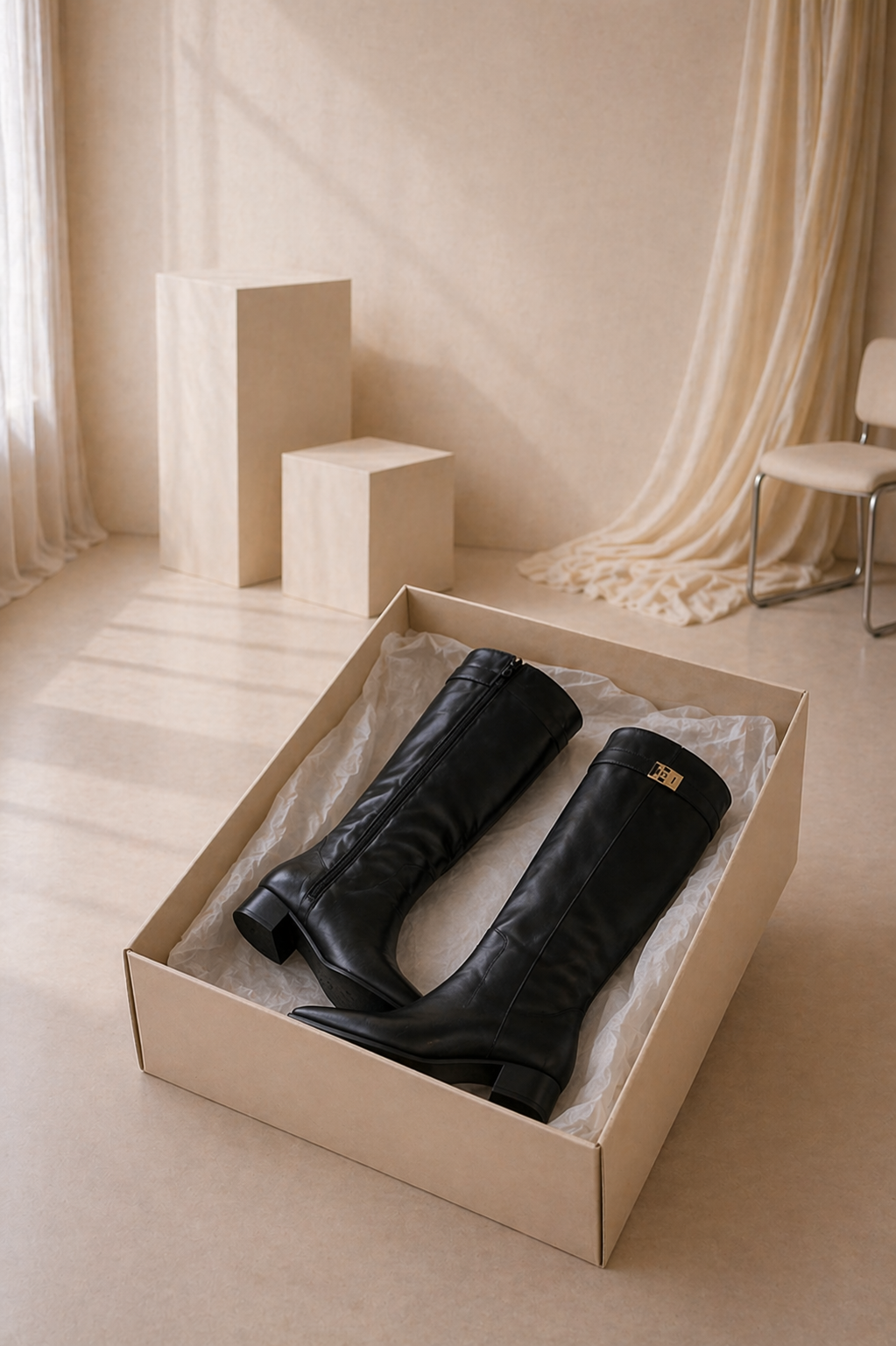 Botas Altas de Cuero Negro con Detalle Dorado Elegante