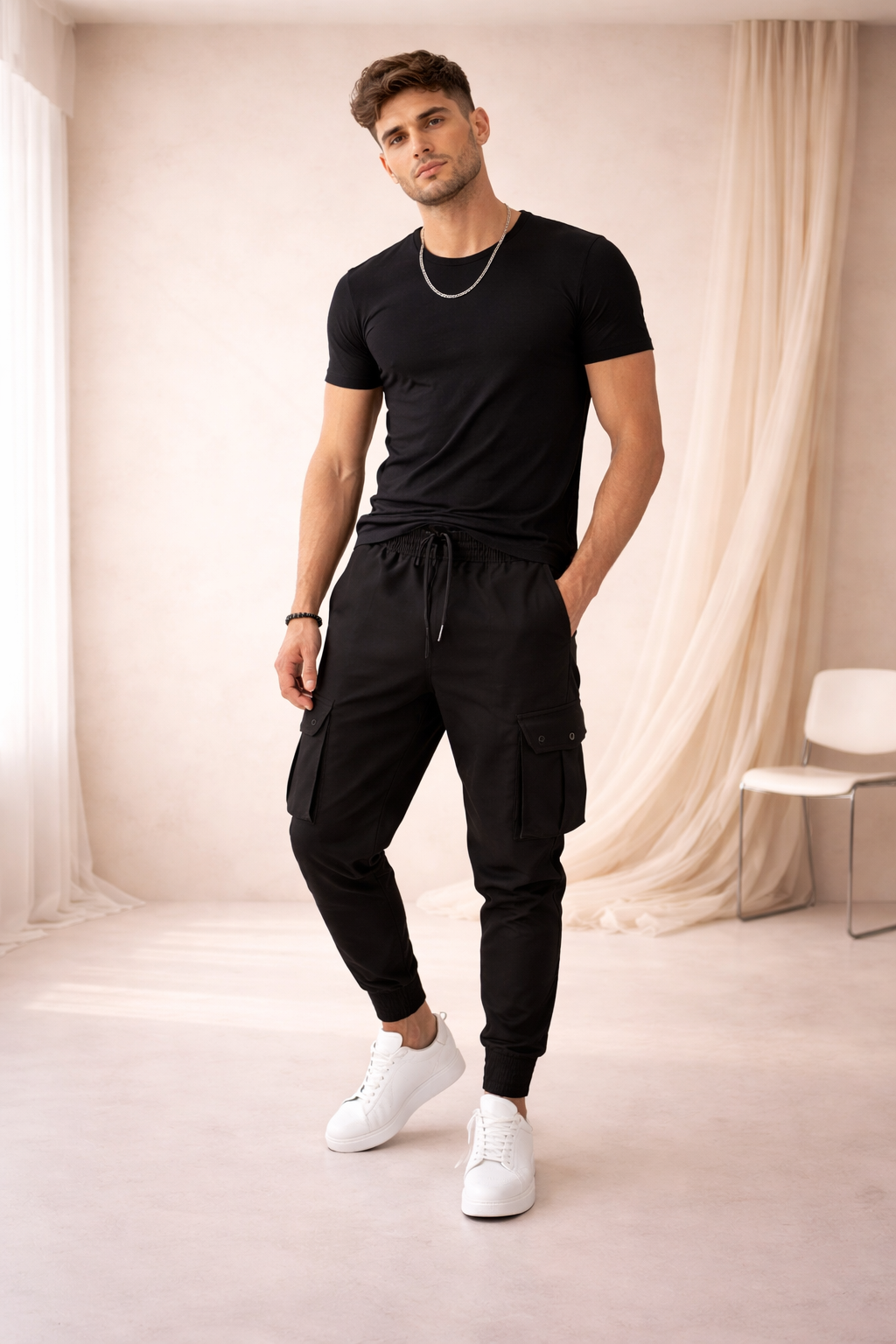 Pantalón Cargo Jogger Negro Slim Fit con Bolsillos Laterales – Estilo Urbano Premium