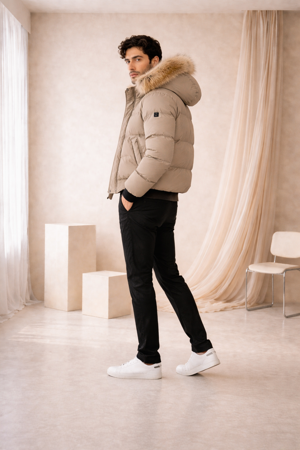 Chaqueta acolchada premium negra con capucha de pelo