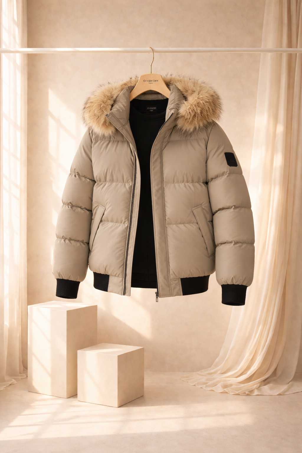Chaqueta acolchada premium negra con capucha de pelo