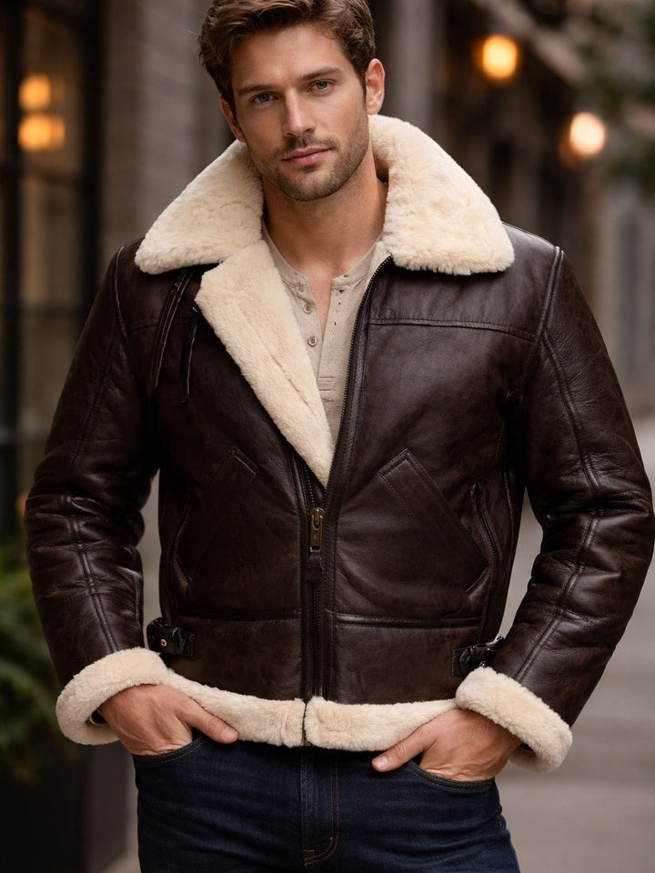 Chaqueta Aviador de Cuero Marrón con Forro de Borrego – Estilo Clásico y Elegante