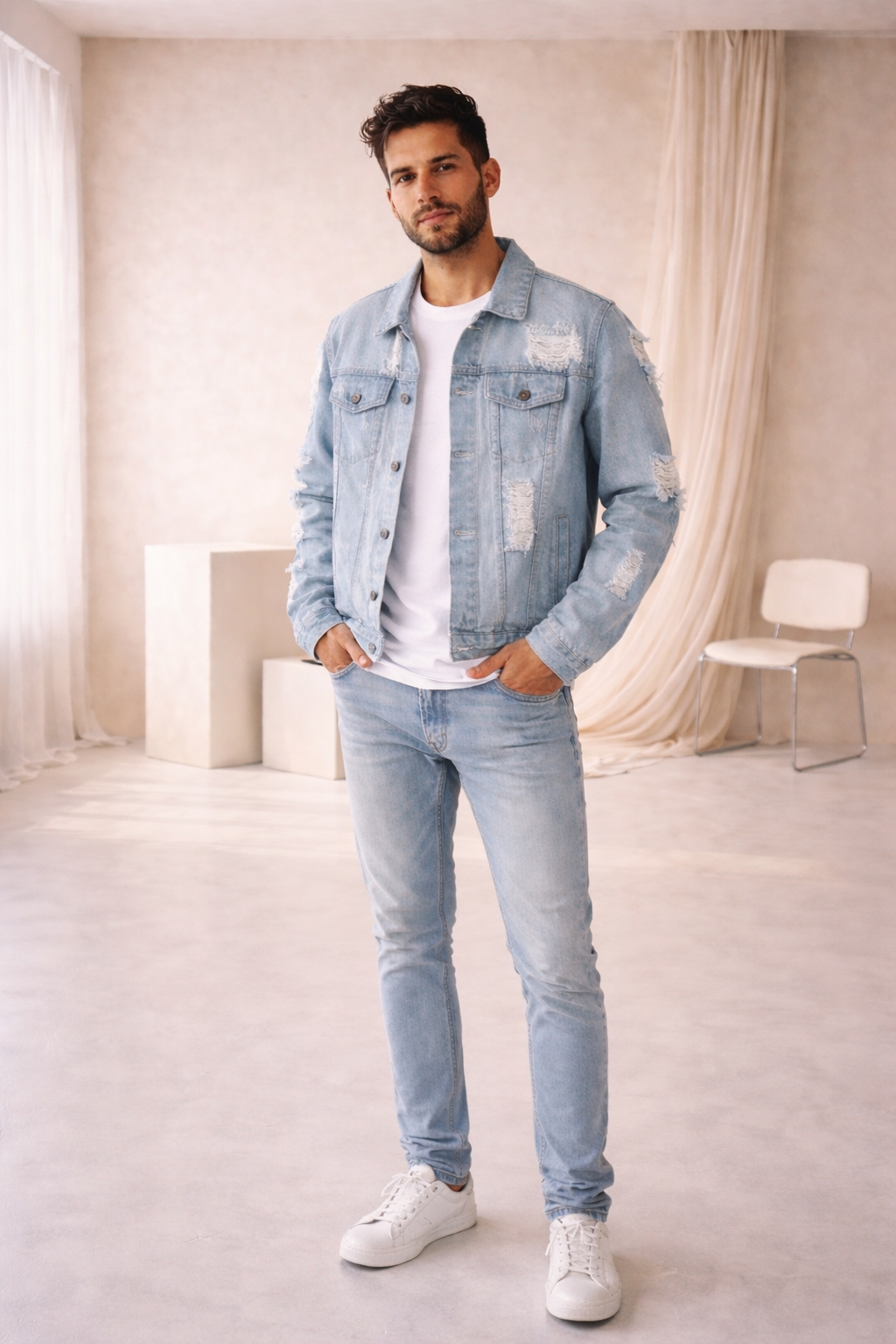 Chaqueta Denim Sky Vintage con Efecto Desgastado Premium