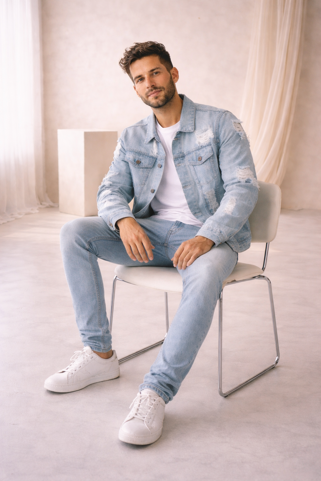 Chaqueta Denim Sky Vintage con Efecto Desgastado Premium