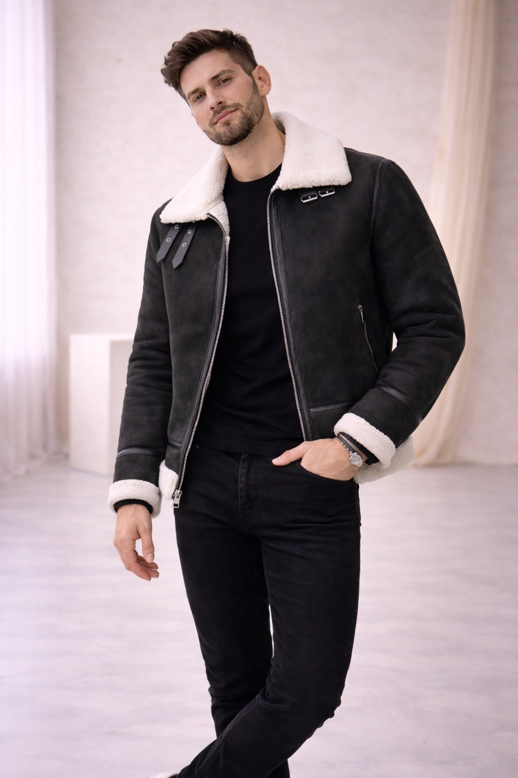 Chaqueta Aviador Negra con Forro de Borrego: Estilo y Calidez Atemporal