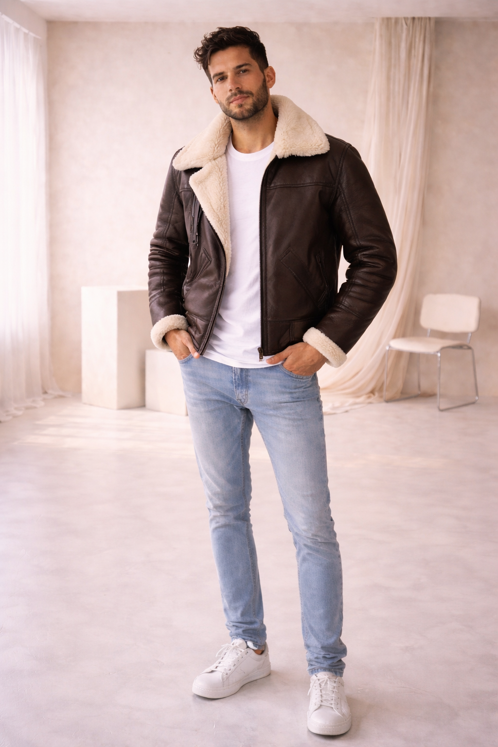 Chaqueta Aviador de Cuero Marrón con Forro de Borrego – Estilo Clásico y Elegante
