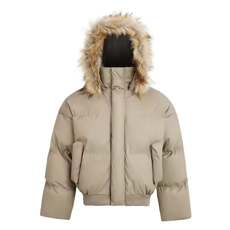 Chaqueta acolchada premium negra con capucha de pelo