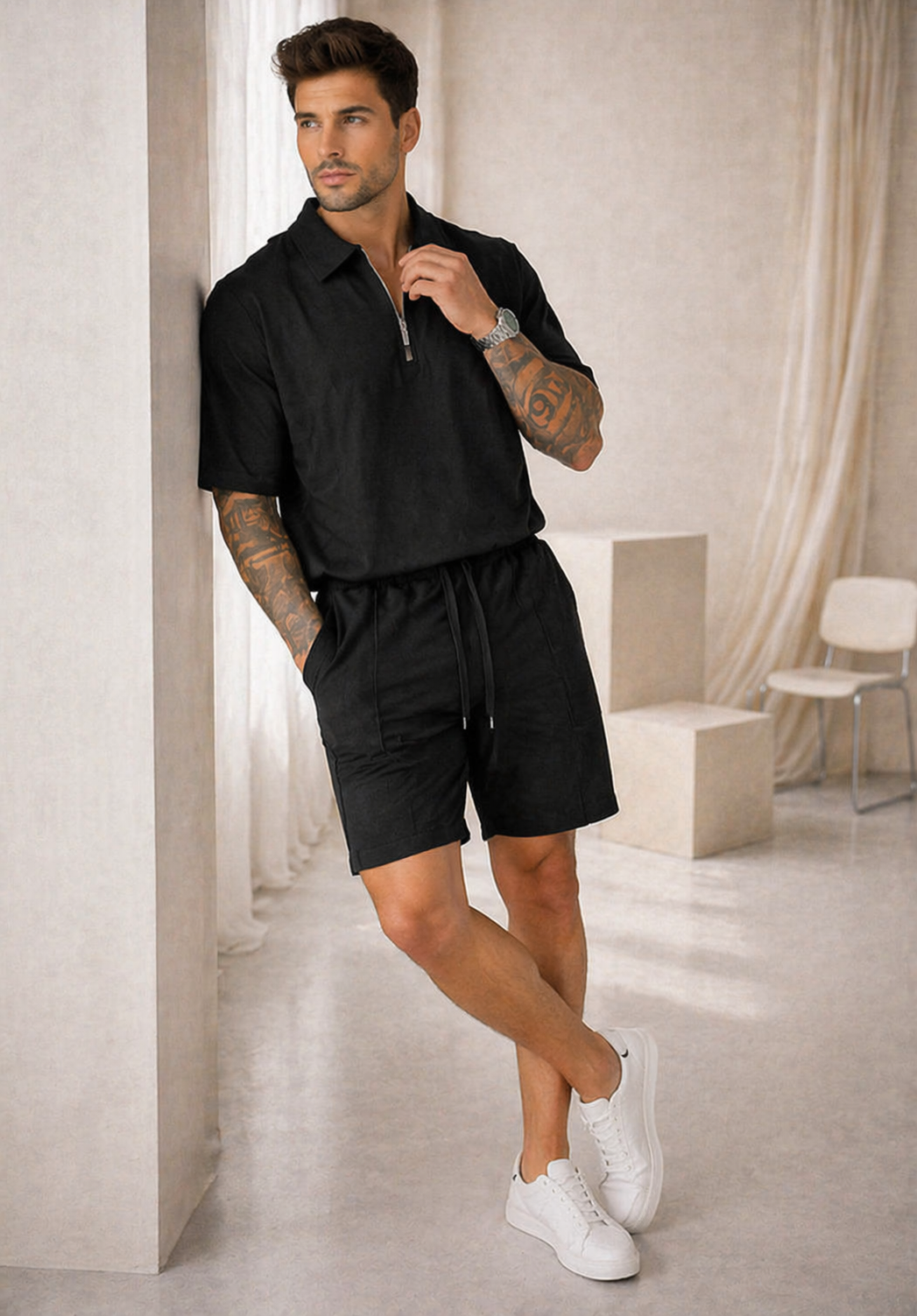 Conjunto Casual Premium con Polo Half-Zip y Shorts