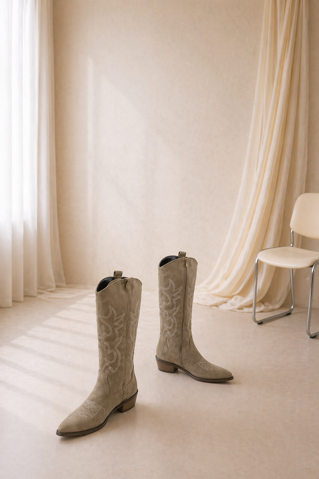 Botas Vaqueras de Gamuza Color Camel para Mujer – Estilo Western con Bordado y Tacón Cómodo
