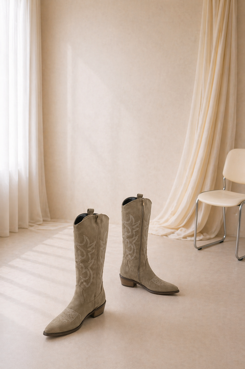 Botas Vaqueras de Gamuza Color Camel para Mujer – Estilo Western con Bordado y Tacón Cómodo