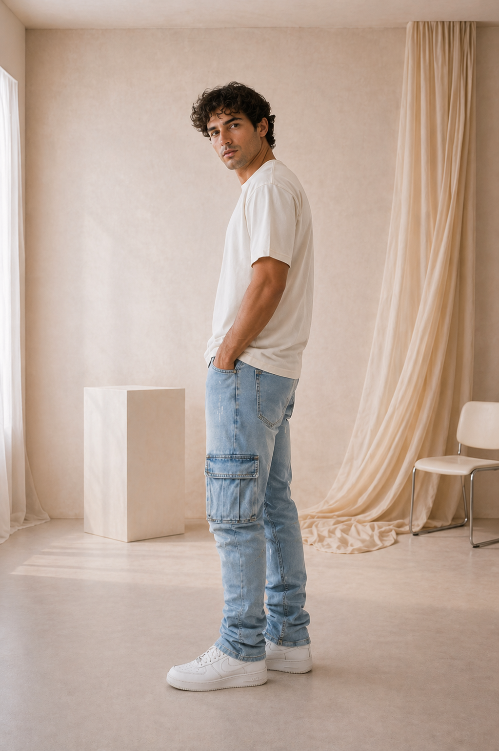 Jeans Hombre Denim Claro Desgastado – Corte Moderno con Roturas Premium