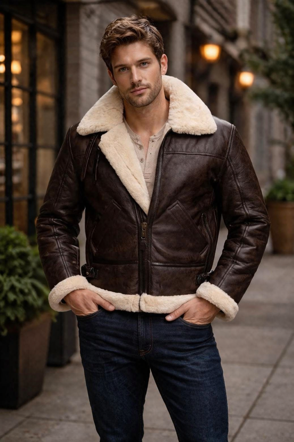 Chaqueta Aviador de Cuero Marrón con Forro de Borrego – Estilo Clásico y Elegante