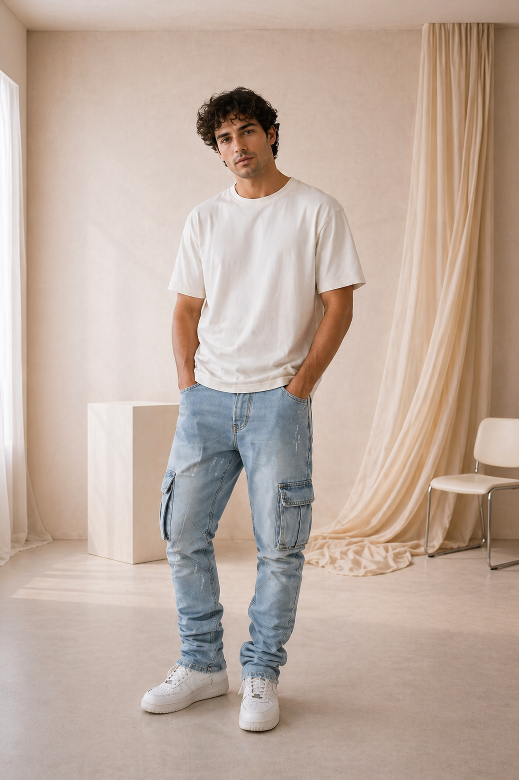 Jeans Hombre Denim Claro Desgastado – Corte Moderno con Roturas Premium