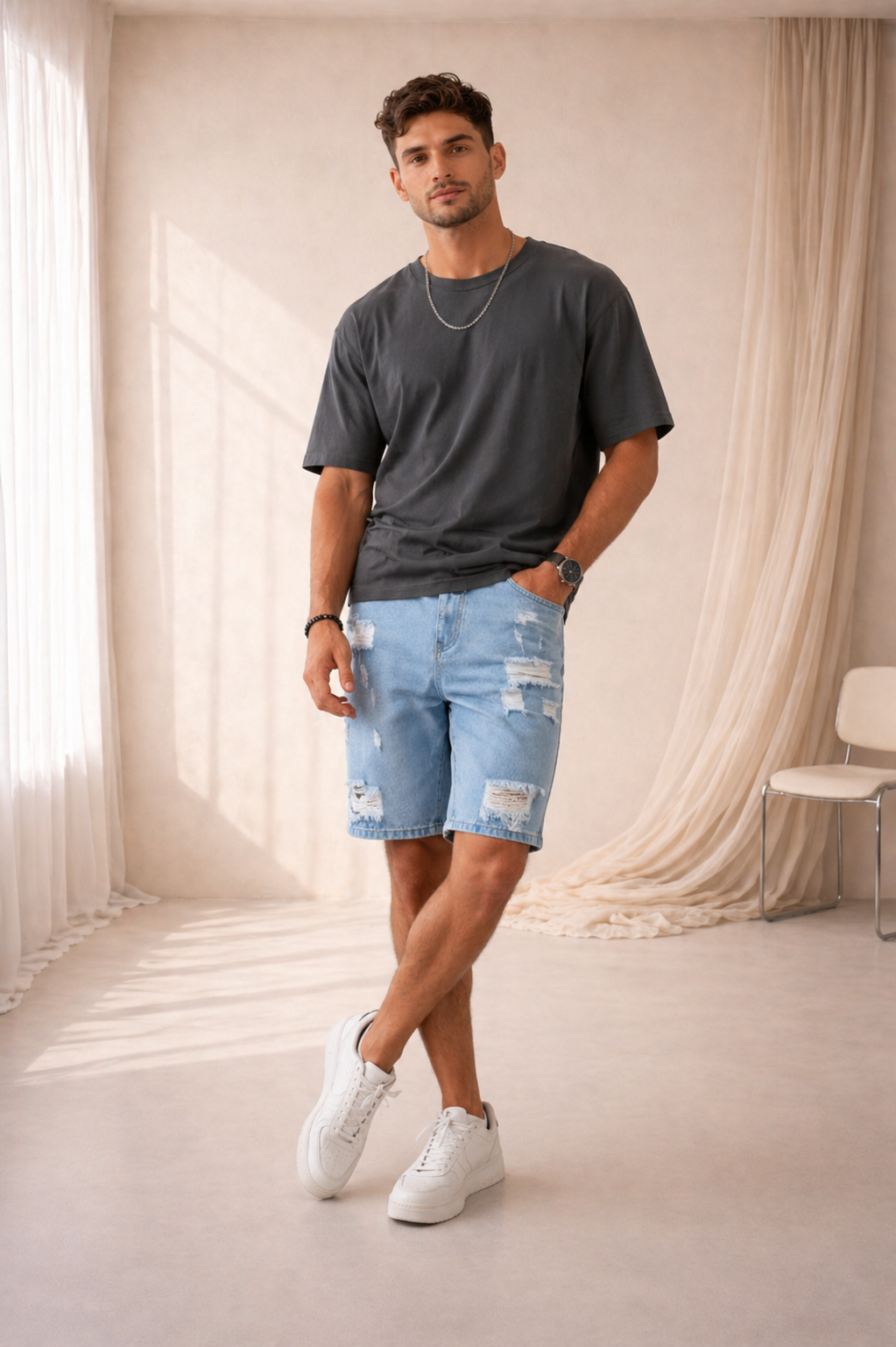 Bermuda Vaquera Denim Desgastado Hombre – Estilo Casual Moderno