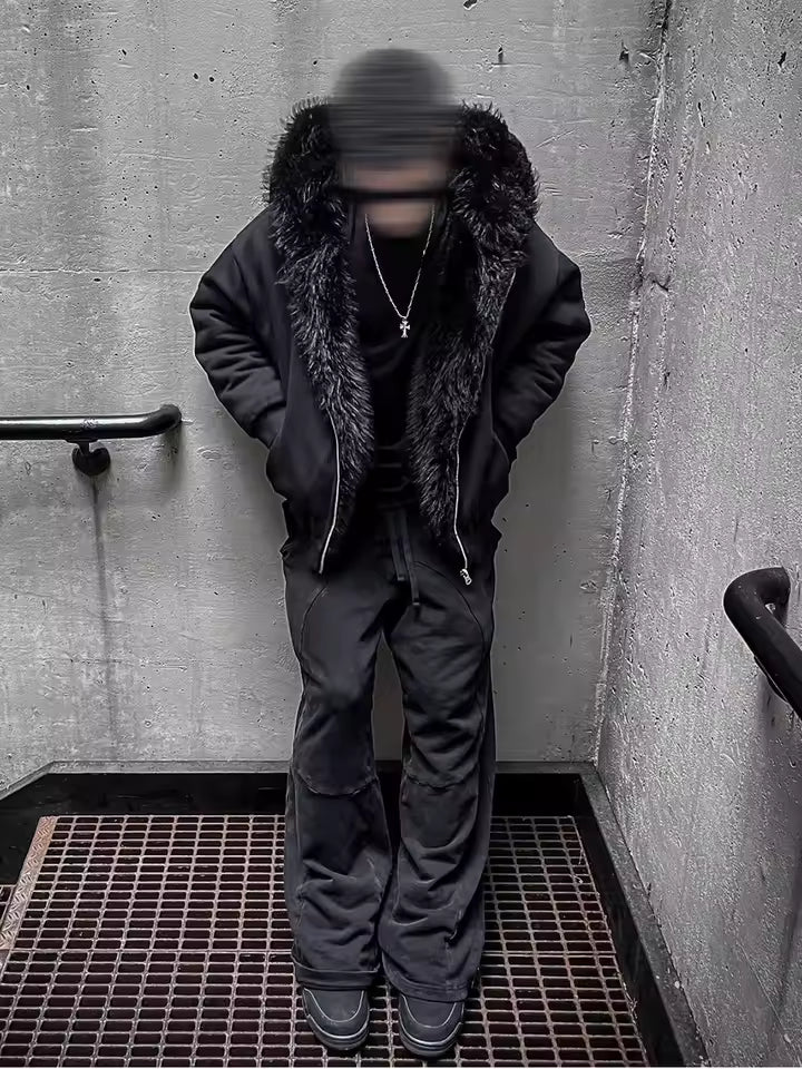 Chaqueta Reversible Negra de Pelo Sintético con Capucha