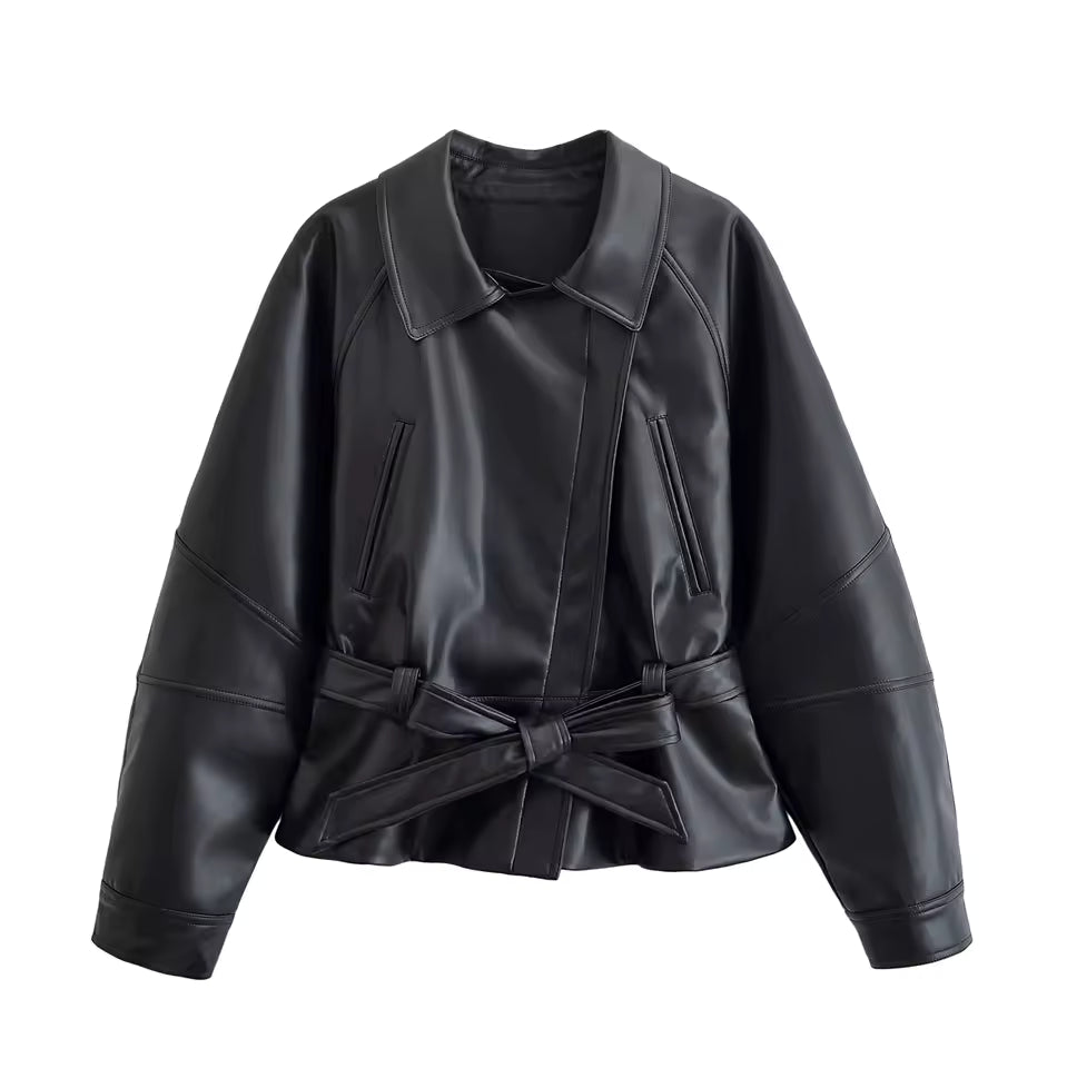 Chaqueta biker efecto piel con cinturón ajustable – Negro