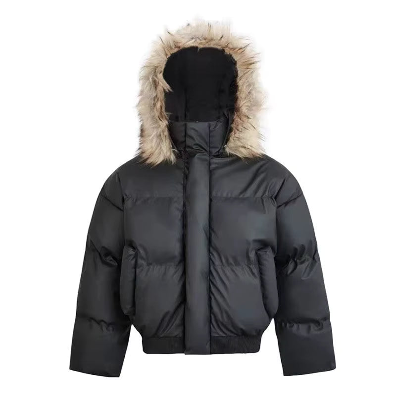 Chaqueta acolchada premium negra con capucha de pelo
