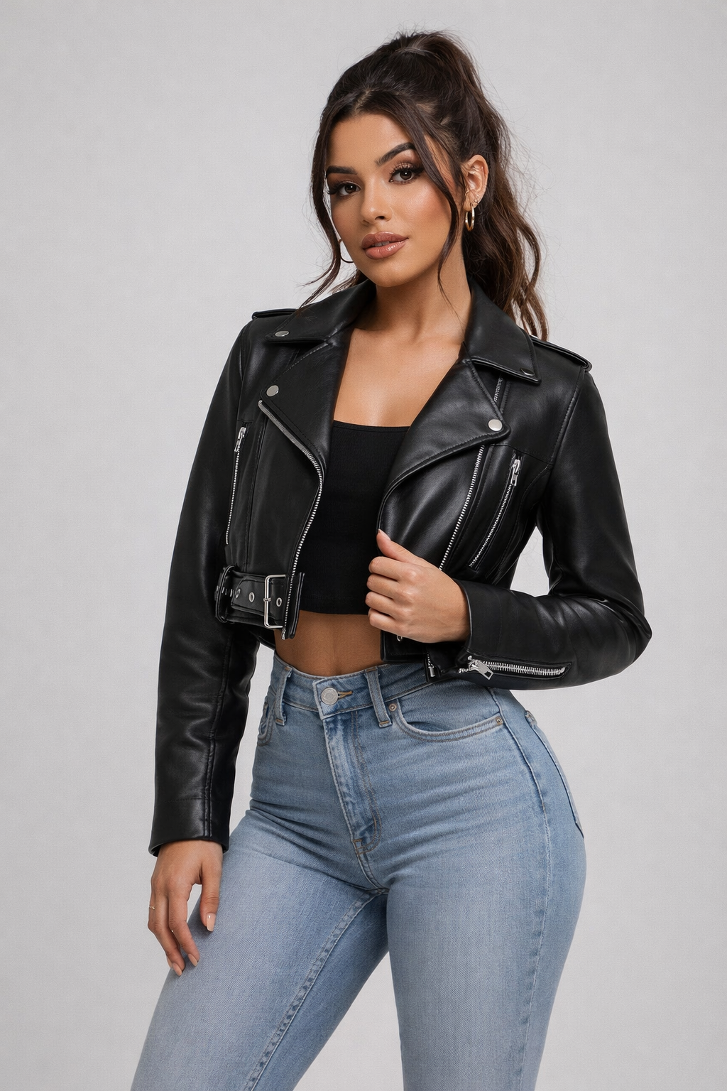 Chaqueta de cuero negra estilo varsity premium